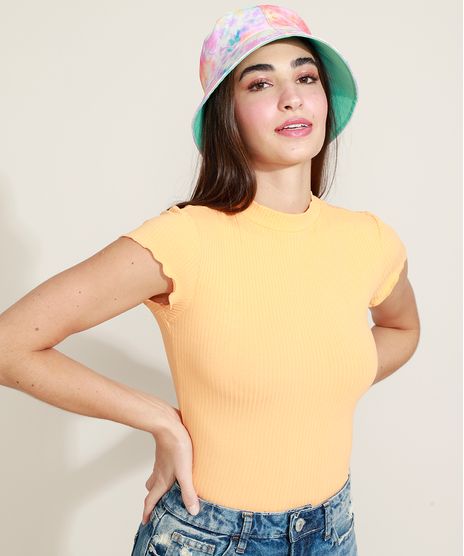 Blusa-Feminina-Canelada-com-Frufru-Manga-Curta-Gola-Alta-Laranja-Claro-9943282-Laranja_Claro_1