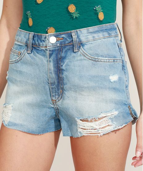 Short-Jeans-Feminino-Destroyed-Cintura-Alta-com-Ziper-na-Lateral-e-Bolsos-Azul-Medio-9968632-Azul_Medio_1