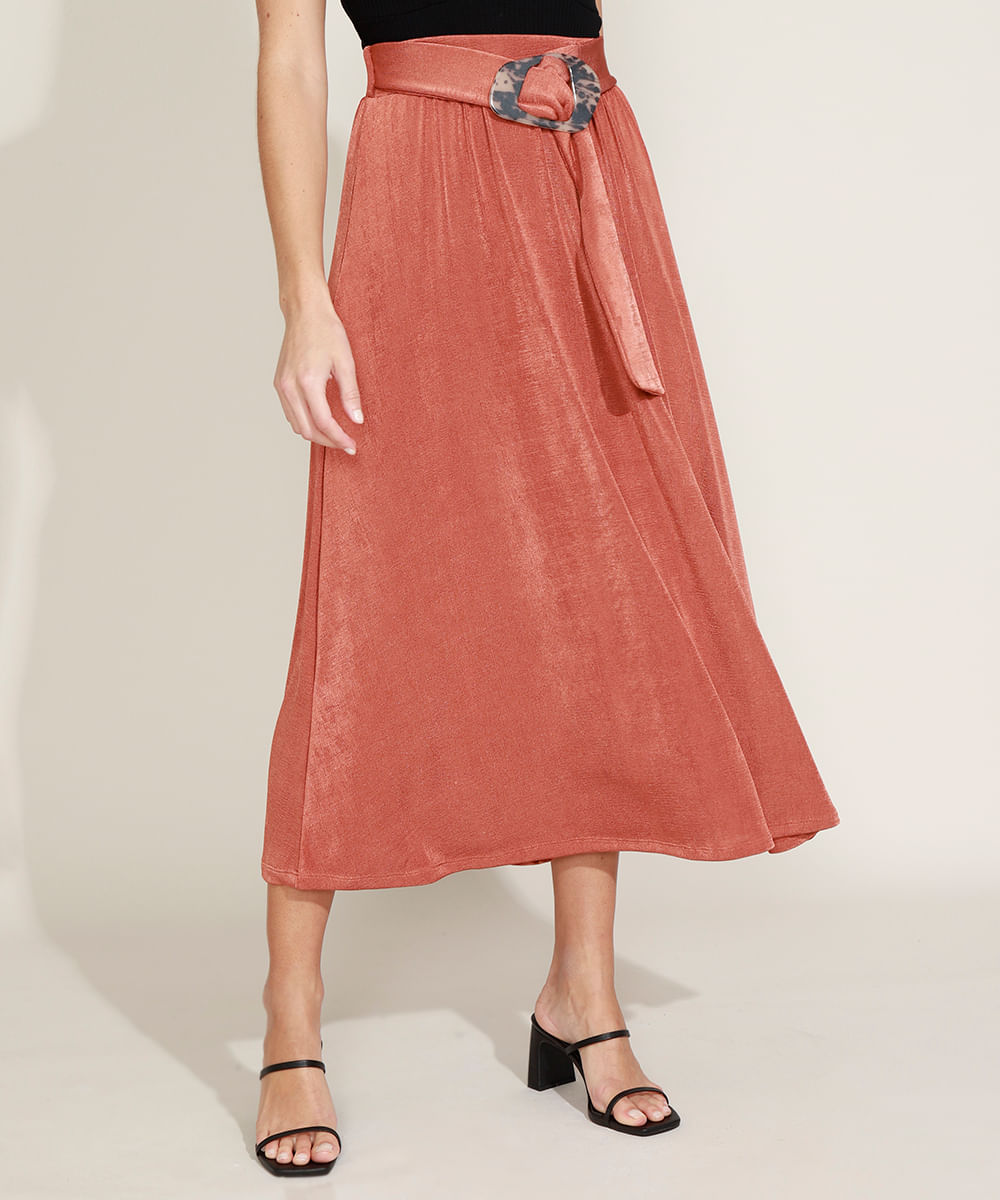 Saia Feminina Midi com Cinto Cobre