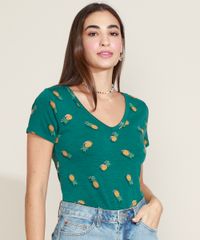 Blusa-Feminina-Estampada-de-Abacaxis-Manga-Curta-Decote-V-Verde-Escuro-9960530-Verde_Escuro_1