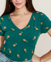Blusa-Feminina-Estampada-de-Abacaxis-Manga-Curta-Decote-V-Verde-Escuro-9960530-Verde_Escuro_4
