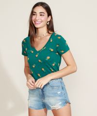 Blusa-Feminina-Estampada-de-Abacaxis-Manga-Curta-Decote-V-Verde-Escuro-9960530-Verde_Escuro_6