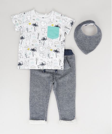 Conjunto-de-Camiseta-Estampada-de-Bichos-Cinza-Mescla-Claro---Calca-em-Moletom---Babador-Bandana-Azul-Marinho-8652646-Azul_Marinho_1