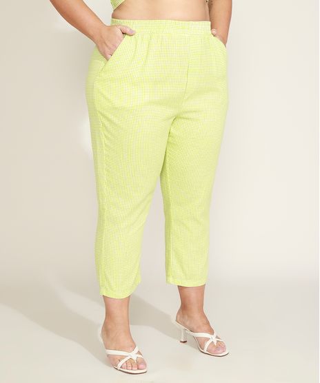 Calca-Feminina-Plus-Size-Mindset-Cropped-Cintura-Super-Alta-Estampada-Xadrez-Verde-9970611-Verde_1