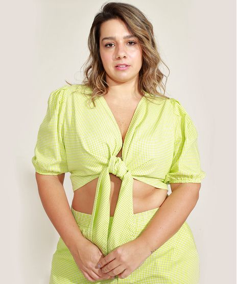 Blusa-Feminina-Plus-Size-Mindset-Cropped-Estampada-Xadrez-Vichy-com-No-Manga-Bufante-Decote-V-Verde-9970610-Verde_1