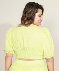 Blusa-Feminina-Plus-Size-Mindset-Cropped-Estampada-Xadrez-Vichy-com-No-Manga-Bufante-Decote-V-Verde-9970610-Verde_2