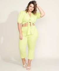 Blusa-Feminina-Plus-Size-Mindset-Cropped-Estampada-Xadrez-Vichy-com-No-Manga-Bufante-Decote-V-Verde-9970610-Verde_5