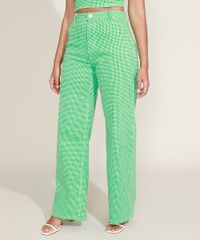 Calca-de-Sarja-Feminina-Wide-Cintura-Alta-Estampada-Xadrez-Vichy-Verde-9974070-Verde_1