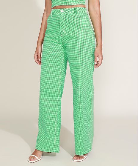 Calca-de-Sarja-Feminina-Wide-Cintura-Alta-Estampada-Xadrez-Vichy-Verde-9974070-Verde_1