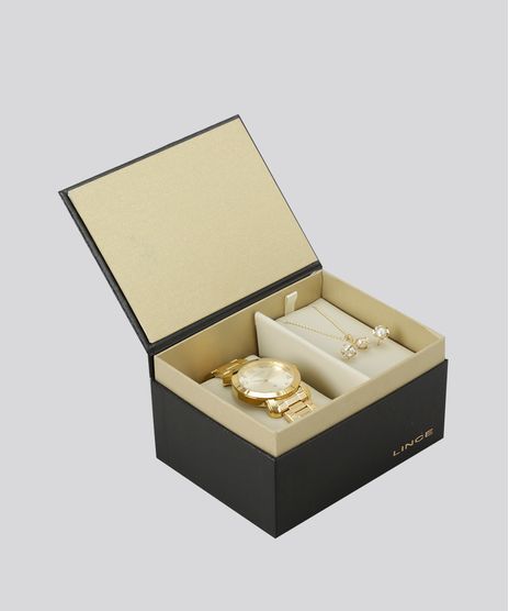 Kit-de-Relogio-Analogico-Lince-Feminino---Colar---Brinco---LRG4319L-KB08C2KX-Dourado-8782621-Dourado_1