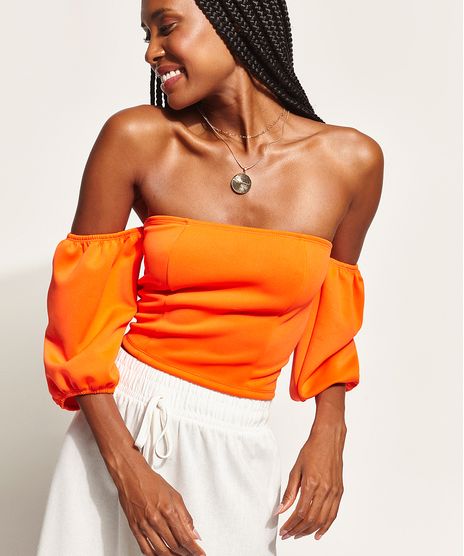 Blusa-Feminina-Cropped-Ombro-a-Ombro-Manga-Bufante-Laranja-9970968-Laranja_1