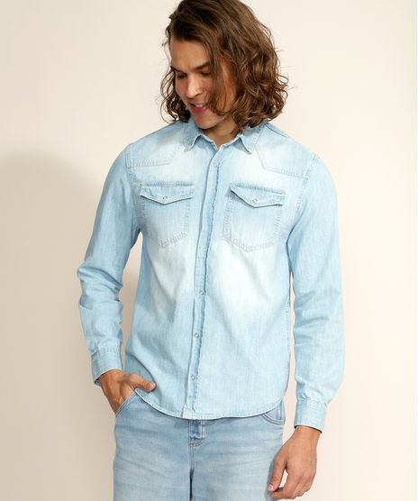 Camisa-Jeans-Masculina-Tradicional-com-Bolsos-Manga-Longa-Azul-Claro-9961818-Azul_Claro_1