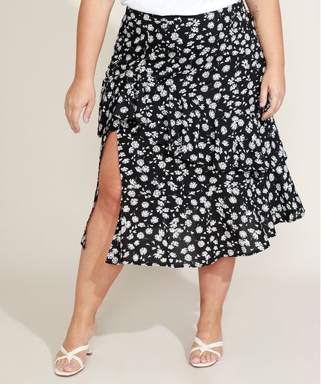 Saia-Feminina-Plus-Size-Mindset-Midi-Estampada-Floral-em-Camadas-com-Babado-e-Fenda-Preta-9974844-Preto_1