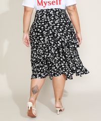 Saia-Feminina-Plus-Size-Mindset-Midi-Estampada-Floral-em-Camadas-com-Babado-e-Fenda-Preta-9974844-Preto_2
