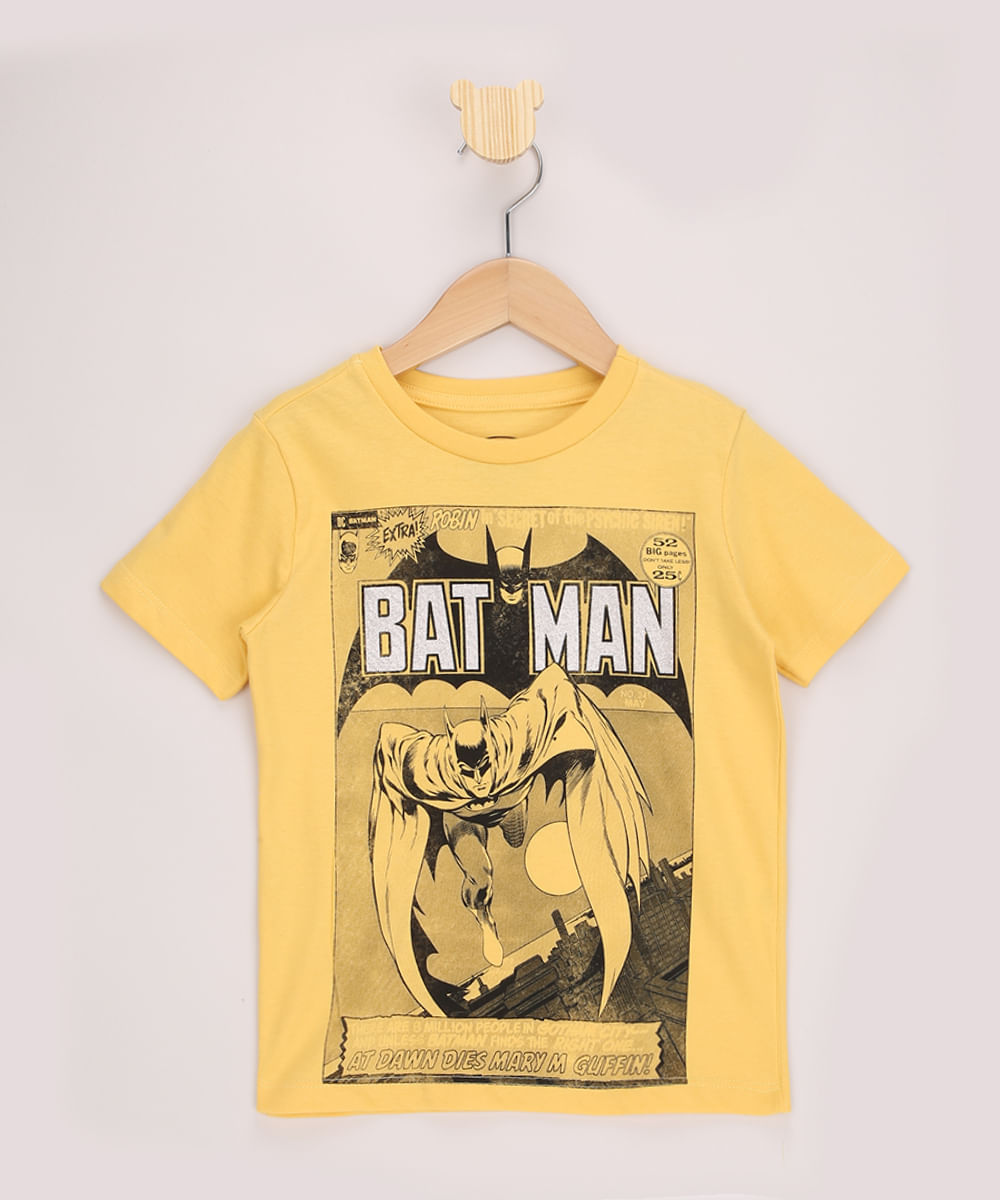 Camiseta Infantil Batman Metalizada Manga Curta Amarela