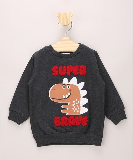 Blusao-de-Moletom-Infantil-Dinossauro--Super-Brave--Cinza-Mescla-Escuro-9803332-Cinza_Mescla_Escuro_1