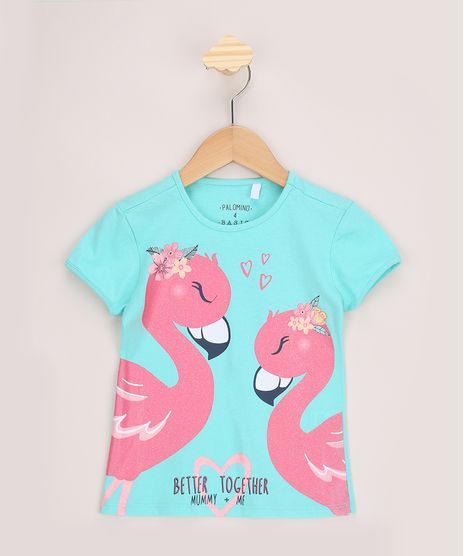 Blusa-Infantil-Flamingos-com-Glitter-Manga-Curta-Verde-Agua-9968354-Verde_Agua_1