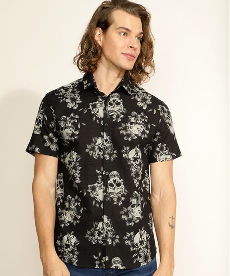Camisa-Masculina-Tradicional-Estampada-de-Caveiras-e-Folhagem-Manga-Curta-Preta-9942448-Preto_1