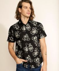Camisa-Masculina-Tradicional-Estampada-de-Caveiras-e-Folhagem-Manga-Curta-Preta-9942448-Preto_5