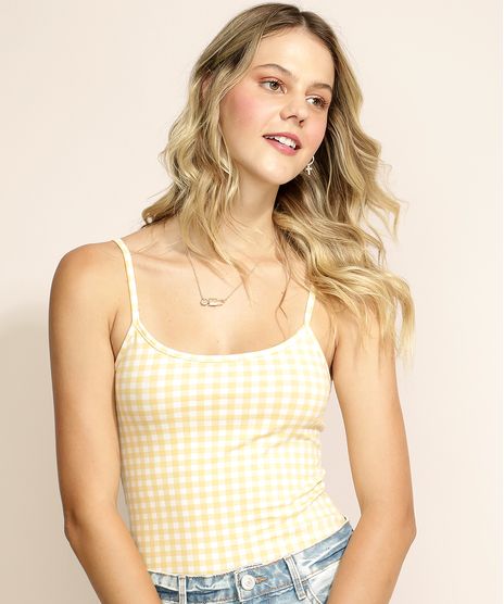 Regata-Feminina-Basica-Estampada-Xadrez-Vichy-com-Alca-Fina-Amarela-9230322-Amarelo_1