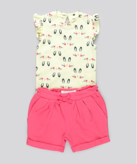 Conjunto-de-Body-Estampado-Coelhos-Amarelo---Short-em-Moletom-em-Algodao---Sustentavel-Rosa-8682943-Rosa_1