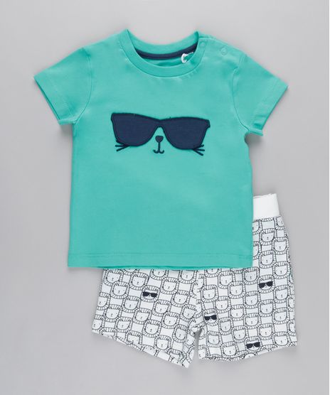 Conjunto-de-Camiseta-Interativa-com-Bordado---Bermuda-Estampada-de-Leao-em-Moletom-Verde-Agua-8670660-Verde_Agua_1