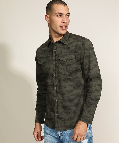 Camisa-de-Sarja-Masculina-Tradicional-Estampada-Camuflada-com-Bolsos-Manga-Longa-Verde-9961817-Verde_1