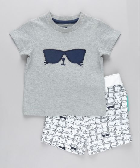 Conjunto-de-Camiseta-Interativa-com-Bordado---Bermuda-Estampada-de-Leao-em-Moletom-Cinza-Mescla-8670660-Cinza_Mescla_1