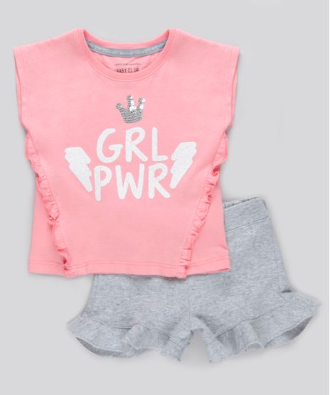 Conjunto-de-Blusa--Grl-Pwr--com-Paetes-Rosa---Short-com-Babados-em-Moletom-Cinza-Mescla-8789003-Cinza_Mescla_1