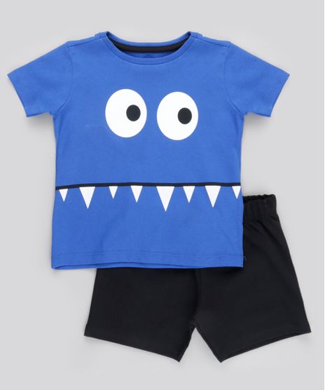 Conjunto-de-Camiseta-Monstrinho-Azul-Royal---Bermuda-em-Moletom-Preta-8823254-Preto_1