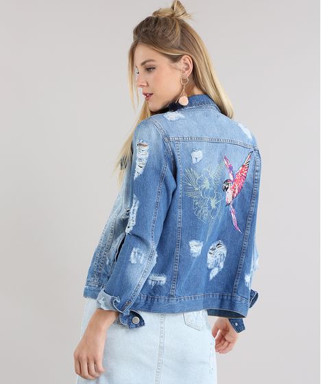 jaqueta jeans rasgada feminina