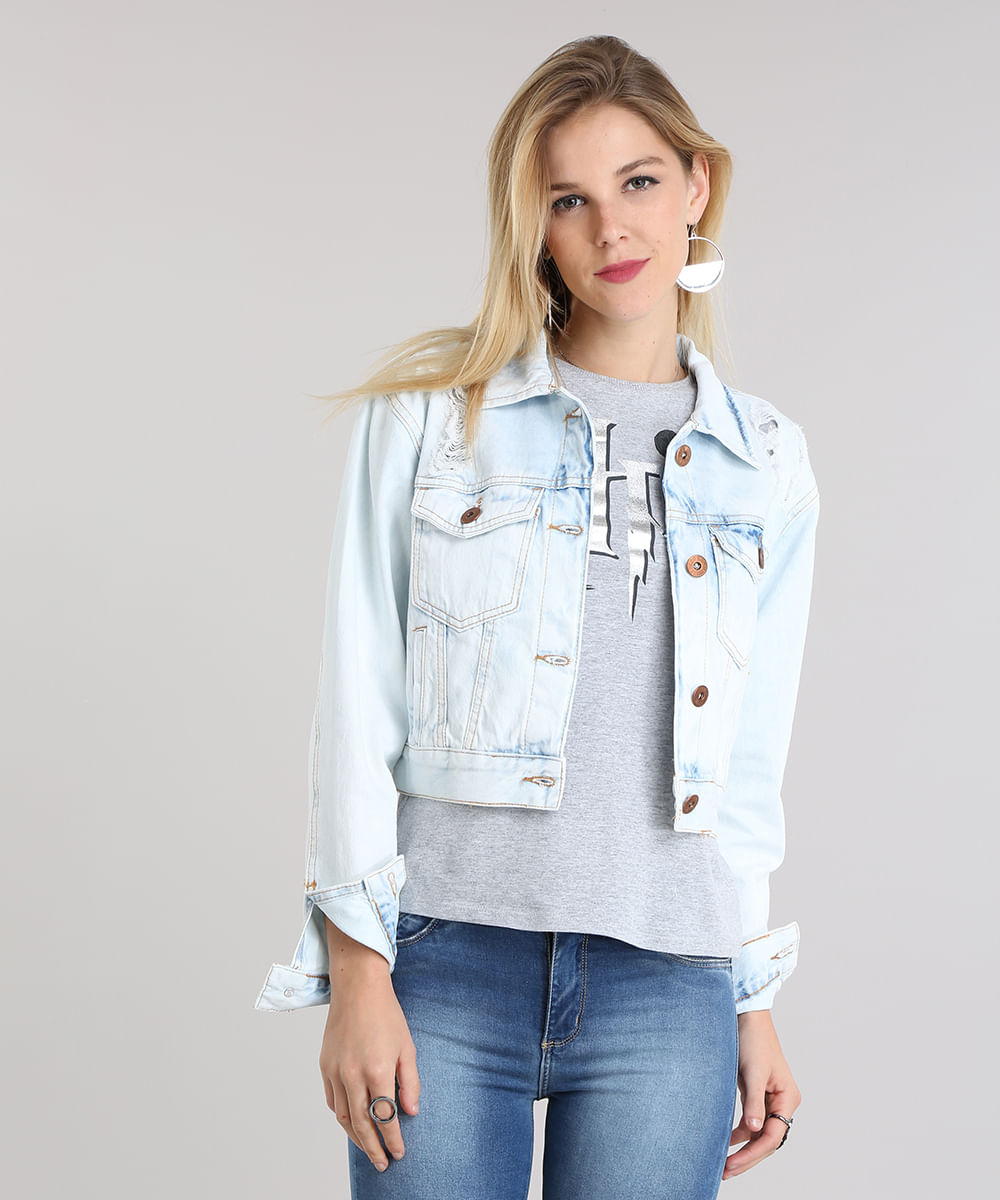 jaqueta jeans cropped destroyed