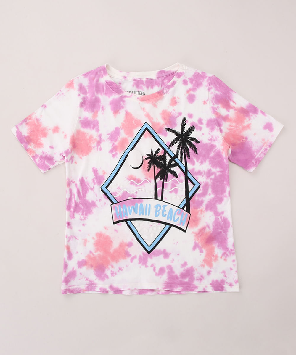 Blusa Juvenil "Hawaii Beach" Estampada Tie Dye Manga Curta Multicor