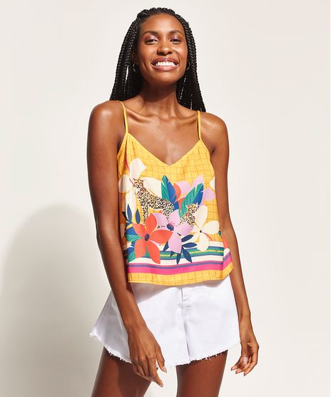 Regata-Feminina-Estampada-Quadriculada-com-Onca-e-Flores-Alca-Fina-Decote-V-Mostarda-9957449-Mostarda_1