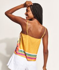Regata-Feminina-Estampada-Quadriculada-com-Onca-e-Flores-Alca-Fina-Decote-V-Mostarda-9957449-Mostarda_2