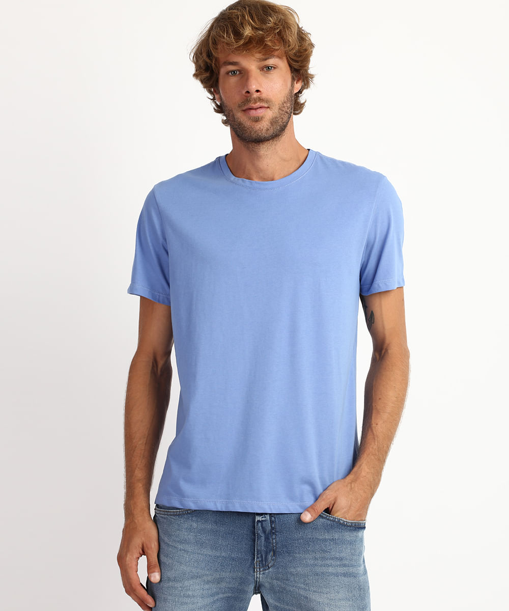 camiseta básica de algodão manga curta - AZUL JEANS