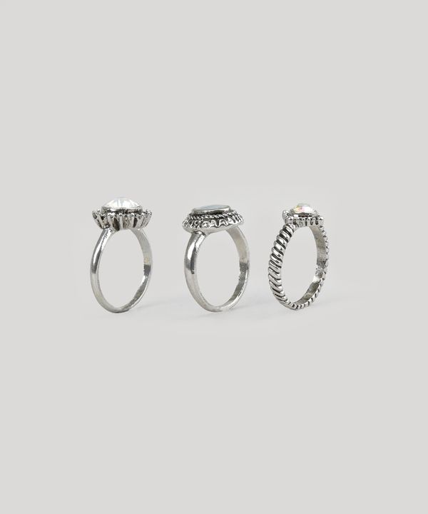 Kit de 3 Anéis com Strass Prateado M