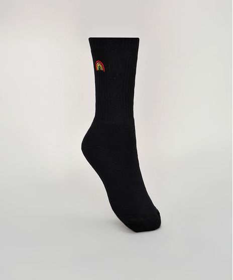 Meia-Masculina-Cano-Alto-Divertida-com-Bordado-de-Arco-Iris-Preta-9944582-Preto_1