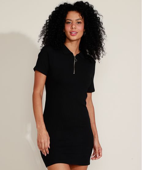 Vestido-Polo-Feminino-Curto-Canelado-com-Ziper-Manga-Curta-Preto-9960130-Preto_1