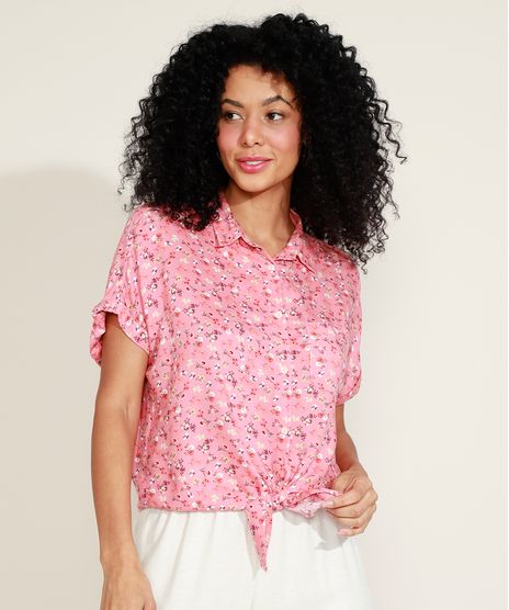 Camisa-Feminina-Estampada-Floral-com-No-Manga-Curta-Rosa-9947293-Rosa_1