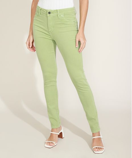 Calca-de-Sarja-Feminina-Sawary-Super-Skinny-Cintura-Alta-com-Pences-Verde-Claro-9976421-Verde_Claro_1