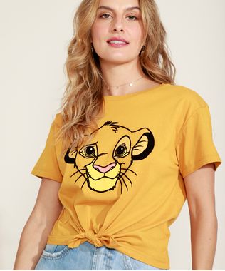 Blusa-Feminina-Simba-O-Rei-Leao-Flocada-Manga-Curta-Decote-Redondo-Mostarda-9967992-Mostarda_1