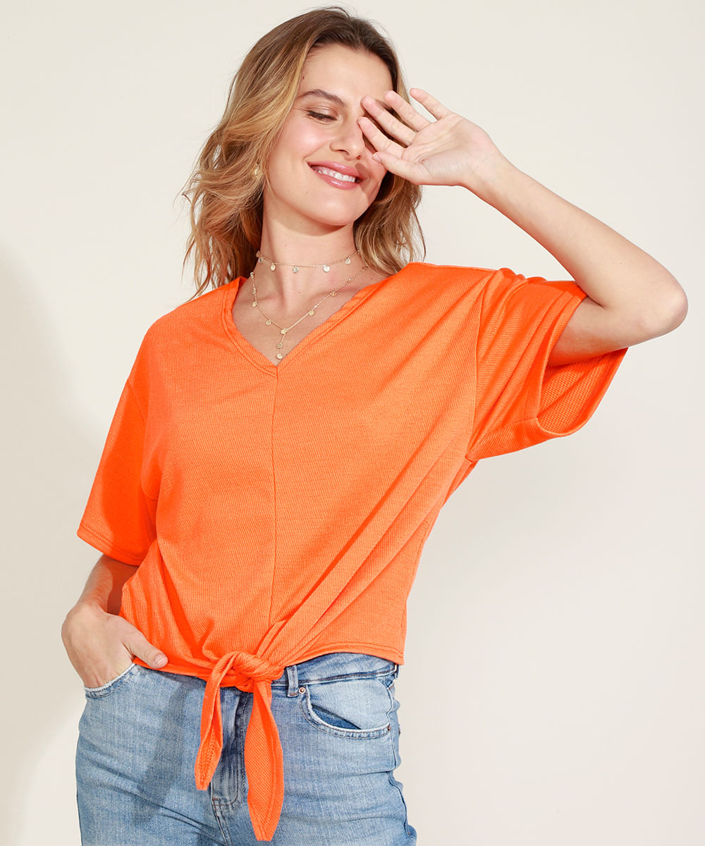 Blusa Feminina com Nó Manga Curta Decote V Laranja