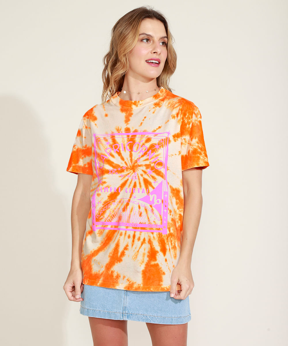 Blusa Feminina Signo Capricórnio Estampada Tie Dye Manga Curta Decote Redondo Mostarda