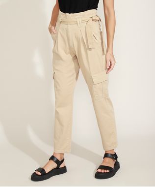 Calca-de-Sarja-Feminina-Clochard-Cargo-Cintura-Super-Alta-com-Faixa-para-Amarrar-Bege-Claro-9968057-Bege_Claro_1