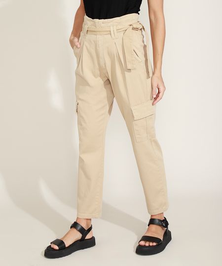 Calca-de-Sarja-Feminina-Clochard-Cargo-Cintura-Super-Alta-com-Faixa-para-Amarrar-Bege-Claro-9968057-Bege_Claro_1