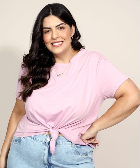 Blusa-Feminina-Plus-Size-Basica-com-No-Manga-Curta-Decote-Redondo-Rosa-9966915-Rosa_1