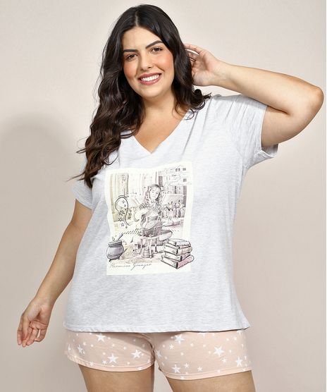 Pijama-Feminino-Plus-Size-Hermione-Harry-Potter-Manga-Curta-Cinza-Mescla-Claro-9961131-Cinza_Mescla_Claro_1