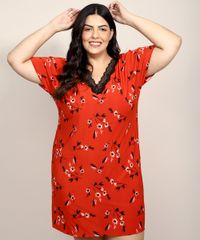 Camisola-Feminina-Plus-Size-Estampada-Floral-com-Renda-Manga-Curta-Vermelha-9970229-Vermelho_1