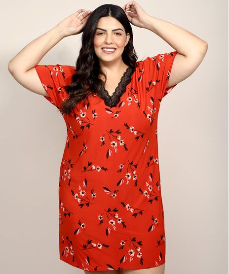 Camisola-Feminina-Plus-Size-Estampada-Floral-com-Renda-Manga-Curta-Vermelha-9970229-Vermelho_1